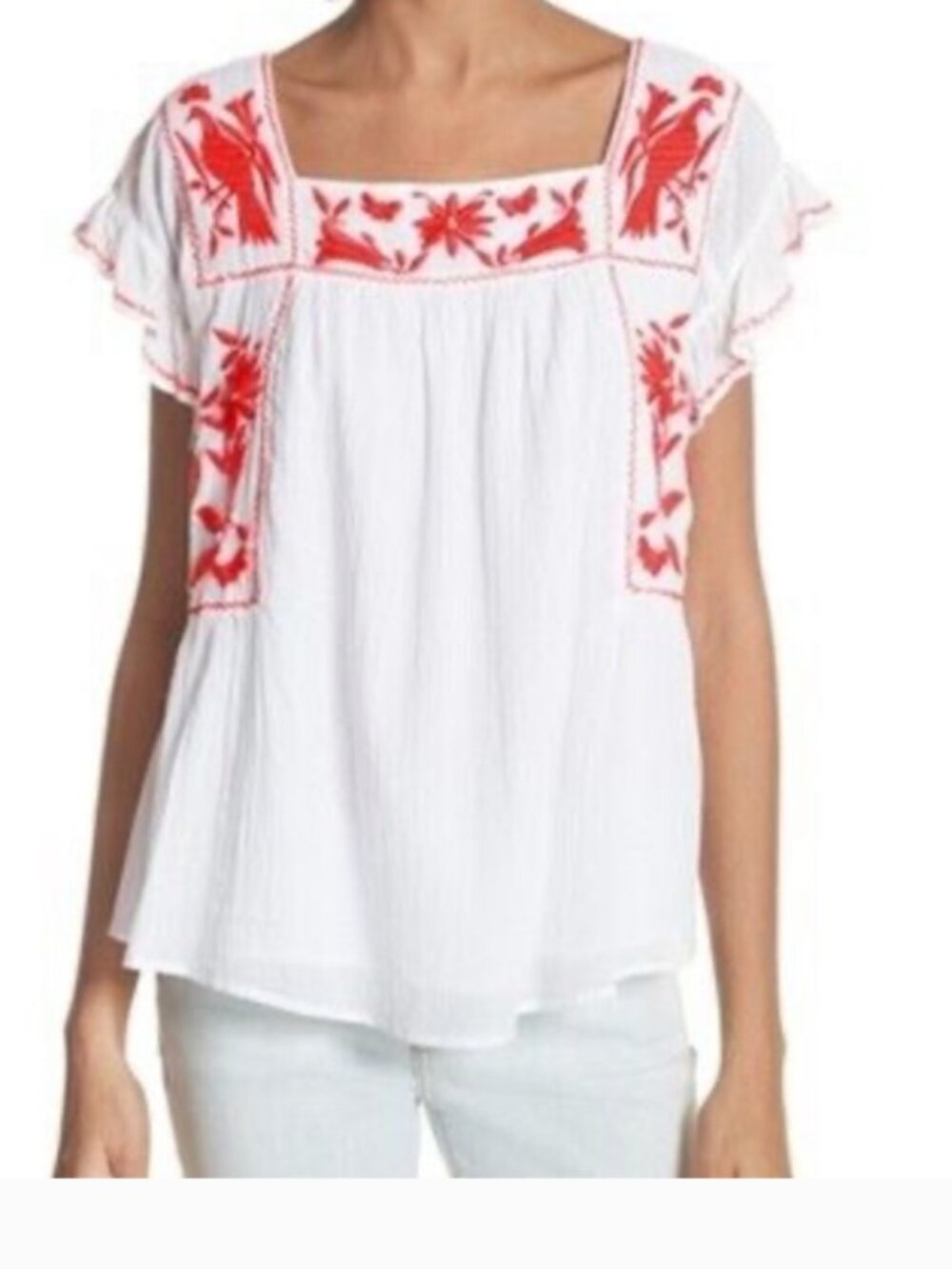 NEVER WORN Joie white crinkle cotton top with red floral embroidery Size XS